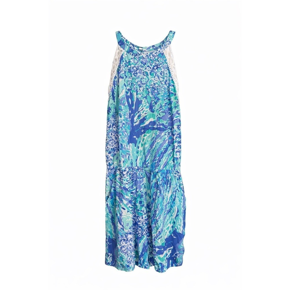 Lilly Pulitzer Hey Soleil Lala Romper Blue Haven Small Crochet Halter Resort